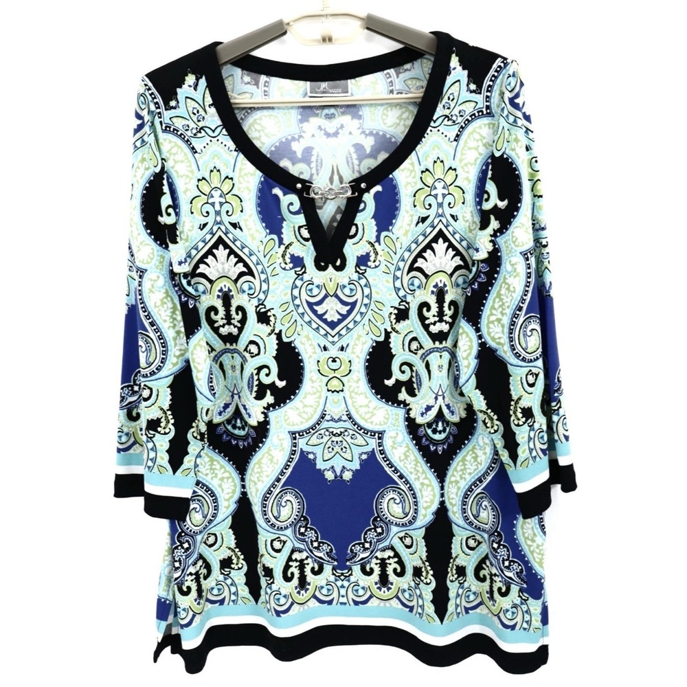 JM Collection Women Paisley 3/4 Sleeve V-Neck Blouse‎ Chainlink Multicolor PM